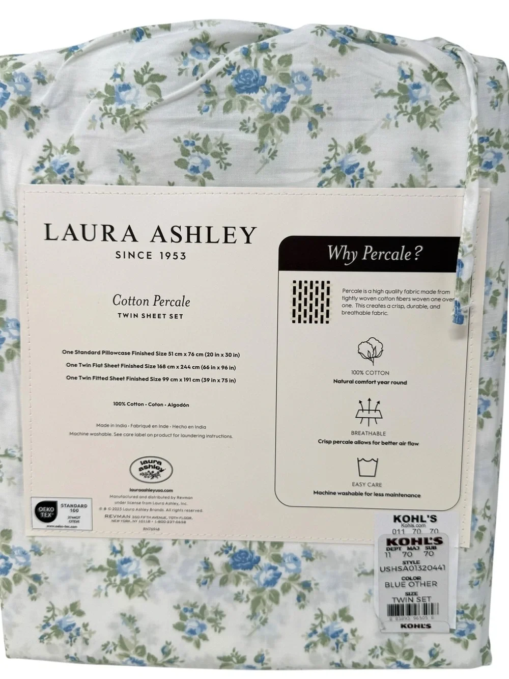 Laura Ashley Twin Size Sheet Set Taylor Blue Floral Cotton Percale NWT